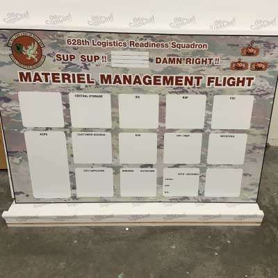 White with red lettering and graphic background weatherproof dry erase board showing empty square sections to enter flight information.